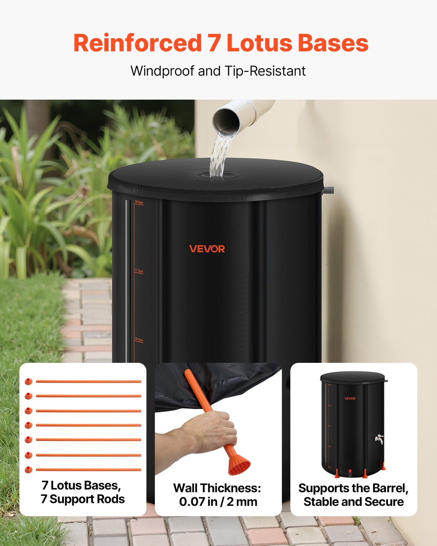 Collapsible Rain Barrel, 380 L Portable Rain Water Collection Barrel, 1000D PVC Rainwater Collection System, Garden Water Catcher Tank Storage Container with Spigot & Overflow Kit, Black