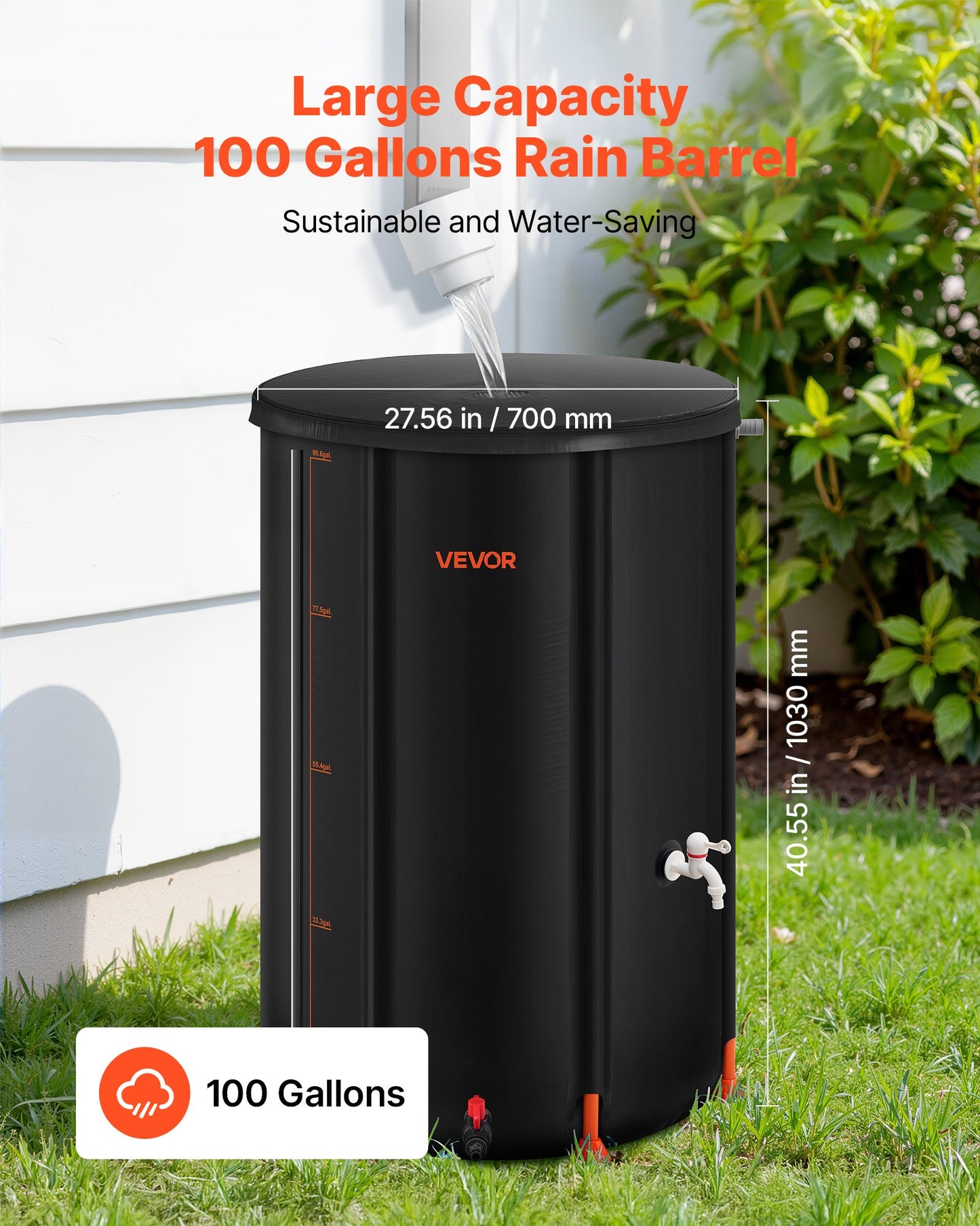 Collapsible Rain Barrel, 380 L Portable Rain Water Collection Barrel, 1000D PVC Rainwater Collection System, Garden Water Catcher Tank Storage Container with Spigot & Overflow Kit, Black
