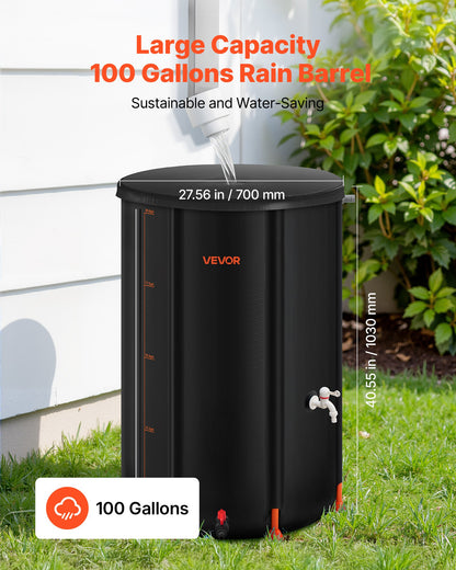 Collapsible Rain Barrel, 380 L Portable Rain Water Collection Barrel, 1000D PVC Rainwater Collection System, Garden Water Catcher Tank Storage Container with Spigot & Overflow Kit, Black