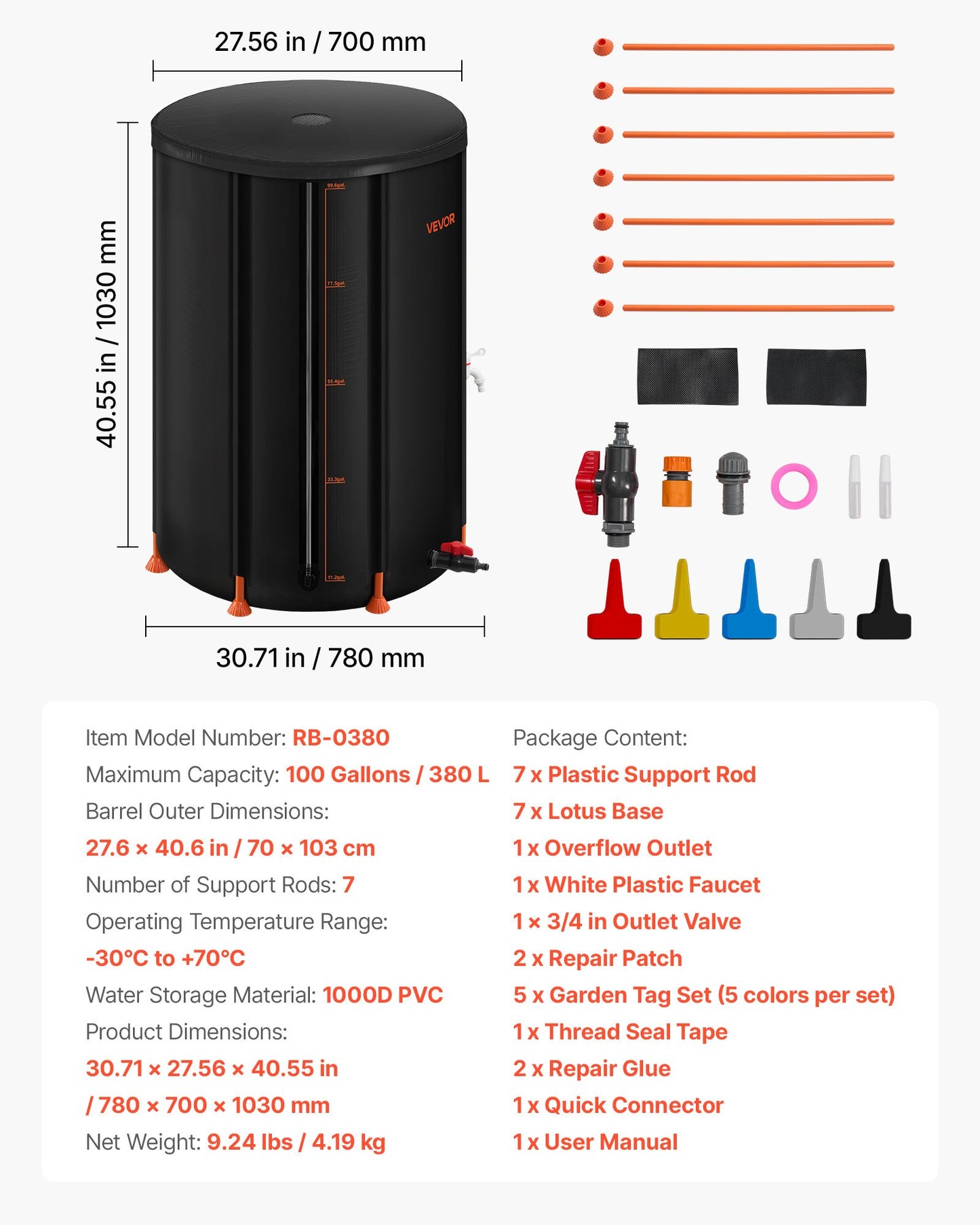 Collapsible Rain Barrel, 380 L Portable Rain Water Collection Barrel, 1000D PVC Rainwater Collection System, Garden Water Catcher Tank Storage Container with Spigot & Overflow Kit, Black