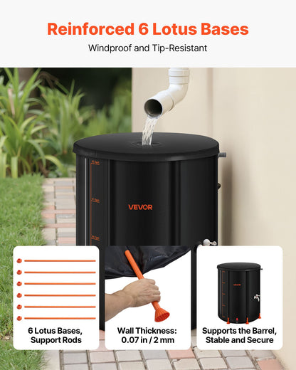 Collapsible Rain Barrel, 201 L Portable Rain Water Collection Barrel, 1000D PVC Rainwater Collection System, Garden Water Catcher Tank Storage Container with Spigot & Overflow Kit, Black