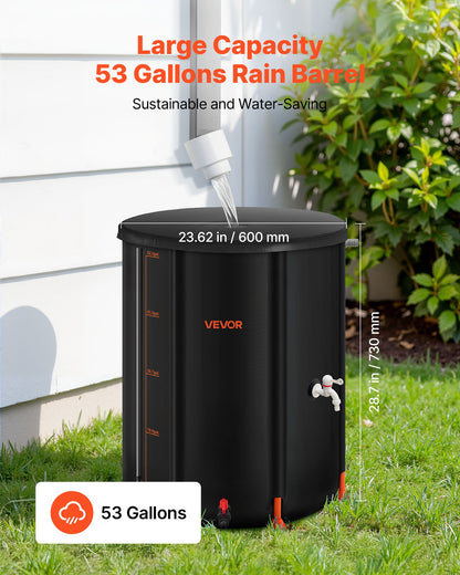 Collapsible Rain Barrel, 201 L Portable Rain Water Collection Barrel, 1000D PVC Rainwater Collection System, Garden Water Catcher Tank Storage Container with Spigot & Overflow Kit, Black
