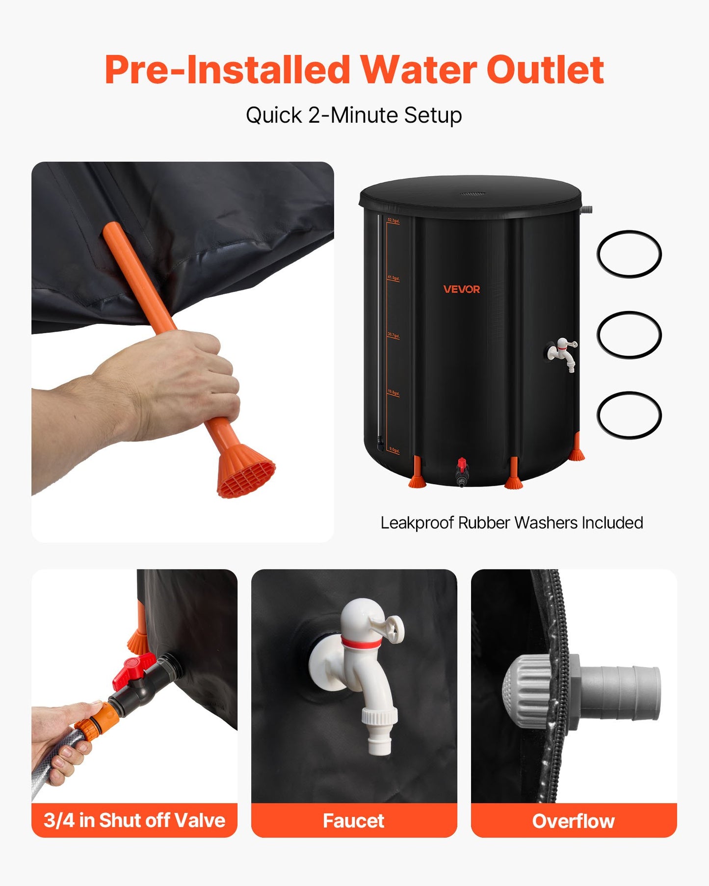 Collapsible Rain Barrel, 201 L Portable Rain Water Collection Barrel, 1000D PVC Rainwater Collection System, Garden Water Catcher Tank Storage Container with Spigot & Overflow Kit, Black