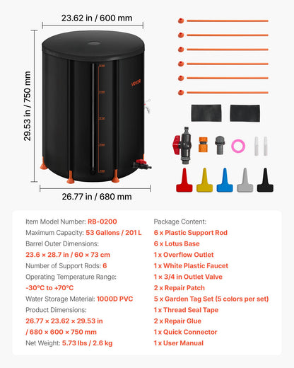 Collapsible Rain Barrel, 201 L Portable Rain Water Collection Barrel, 1000D PVC Rainwater Collection System, Garden Water Catcher Tank Storage Container with Spigot & Overflow Kit, Black