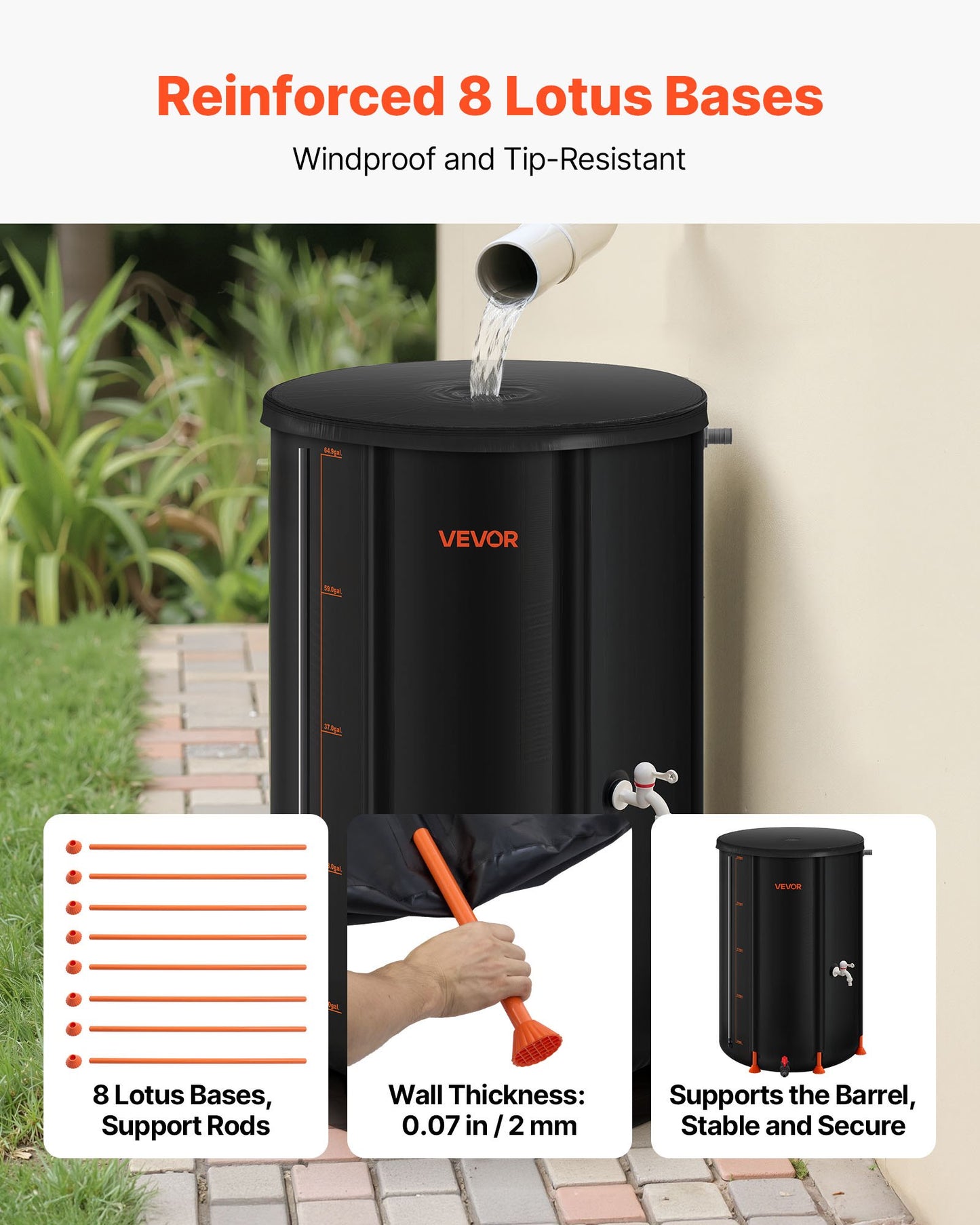 Collapsible Rain Barrel, 250 L Portable Rain Water Collection Barrel, 500D PVC Rainwater Collection System, Garden Water Catcher Tank Storage Container with Spigot & Overflow Kit, Black