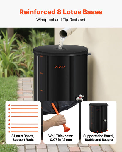 Collapsible Rain Barrel, 250 L Portable Rain Water Collection Barrel, 500D PVC Rainwater Collection System, Garden Water Catcher Tank Storage Container with Spigot & Overflow Kit, Black