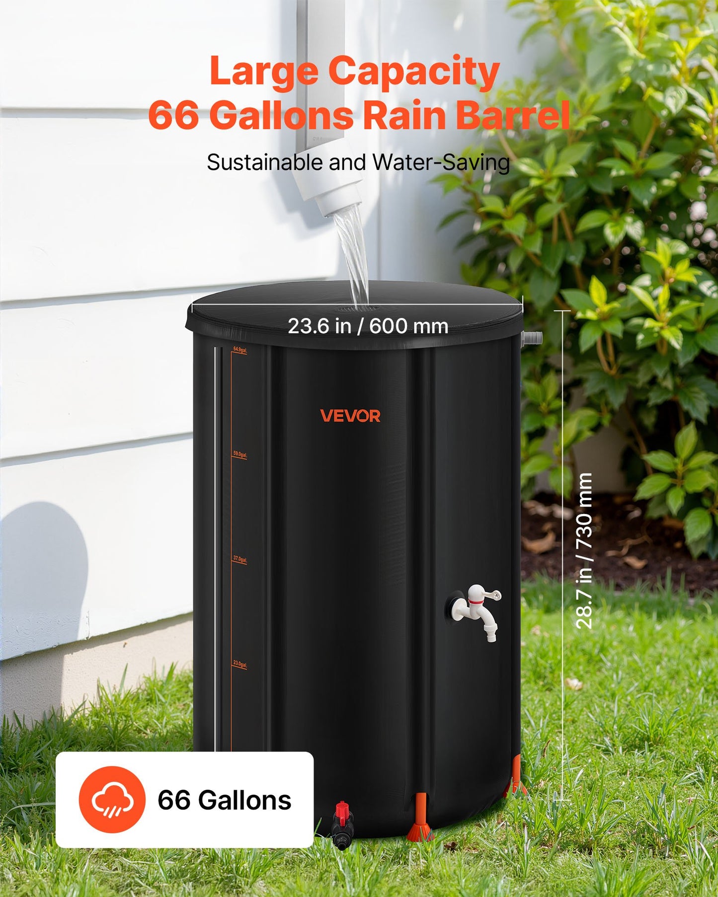 Collapsible Rain Barrel, 250 L Portable Rain Water Collection Barrel, 500D PVC Rainwater Collection System, Garden Water Catcher Tank Storage Container with Spigot & Overflow Kit, Black