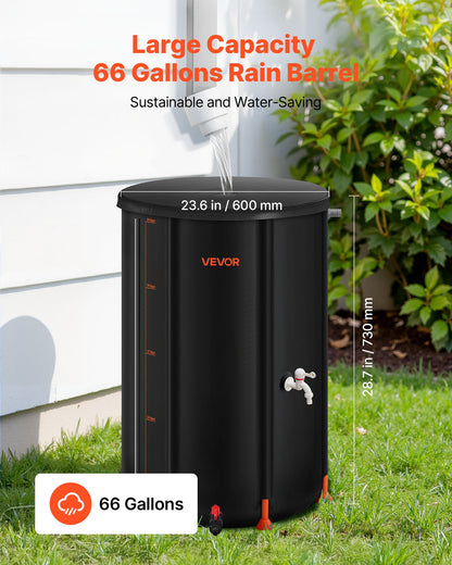 Collapsible Rain Barrel, 250 L Portable Rain Water Collection Barrel, 500D PVC Rainwater Collection System, Garden Water Catcher Tank Storage Container with Spigot & Overflow Kit, Black