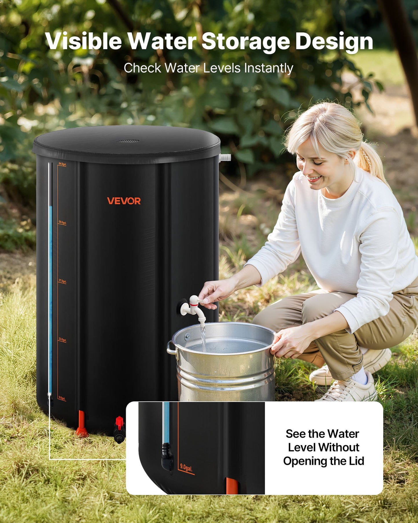 Collapsible Rain Barrel, 250 L Portable Rain Water Collection Barrel, 500D PVC Rainwater Collection System, Garden Water Catcher Tank Storage Container with Spigot & Overflow Kit, Black