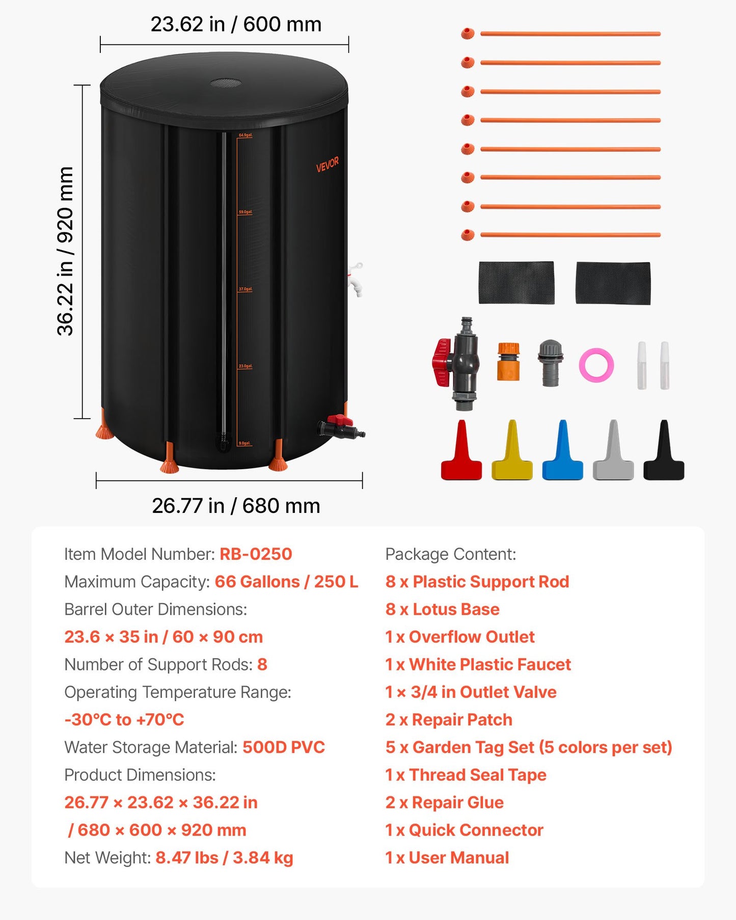 Collapsible Rain Barrel, 250 L Portable Rain Water Collection Barrel, 500D PVC Rainwater Collection System, Garden Water Catcher Tank Storage Container with Spigot & Overflow Kit, Black