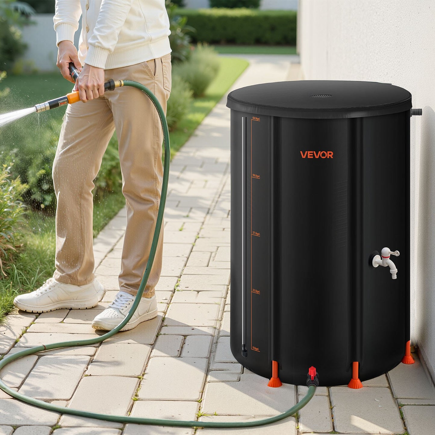 Collapsible Rain Barrel, 250 L Portable Rain Water Collection Barrel, 500D PVC Rainwater Collection System, Garden Water Catcher Tank Storage Container with Spigot & Overflow Kit, Black