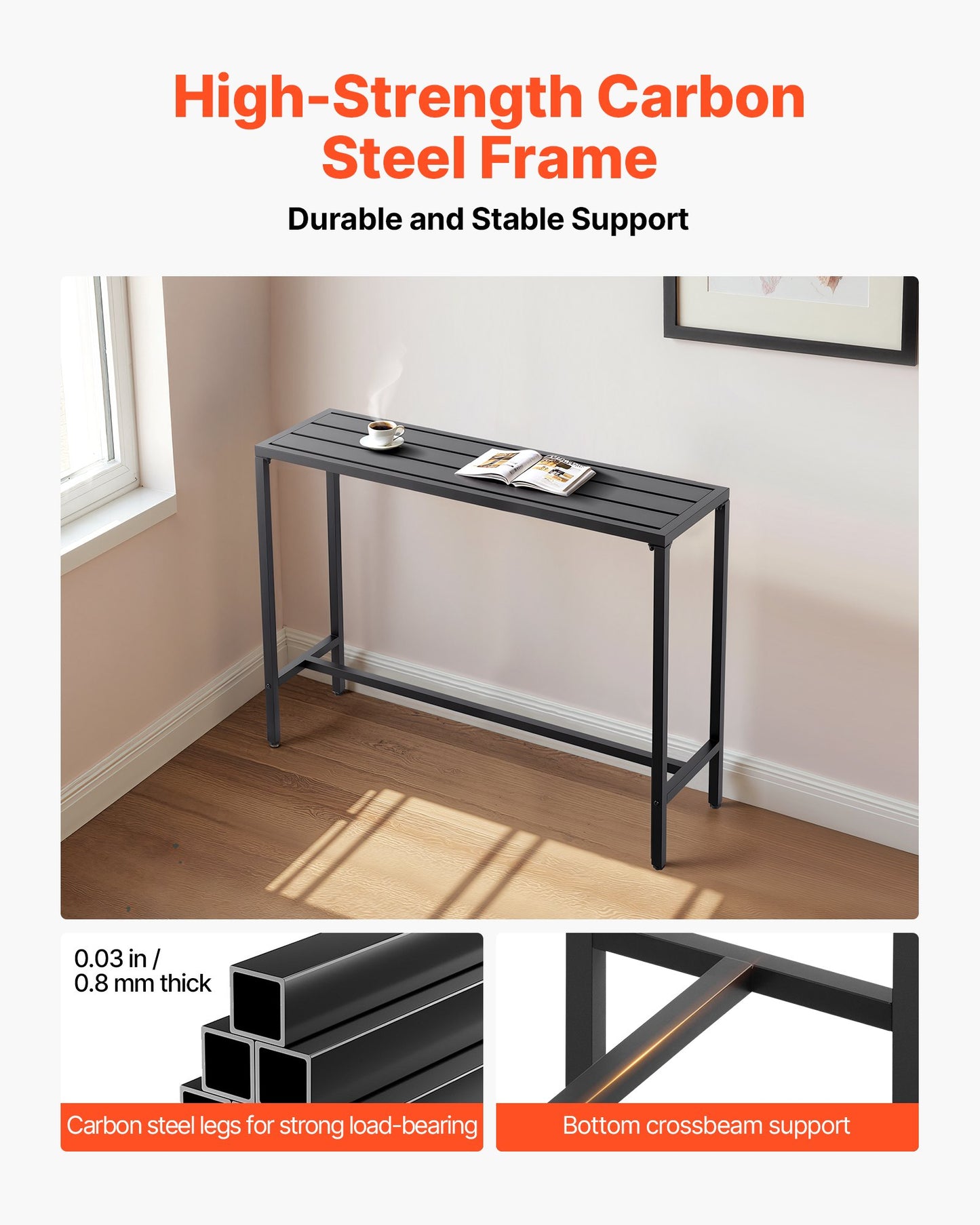 Outdoor Bar Table, 120 x 37.5 cm Patio Bar Table, Waterproof Top & Sturdy Metal Frame, Rectangle Counter Height Dining Tables, Outdoor Furniture for Balcony, Yard, Hot Tub, Poolside, Indoor