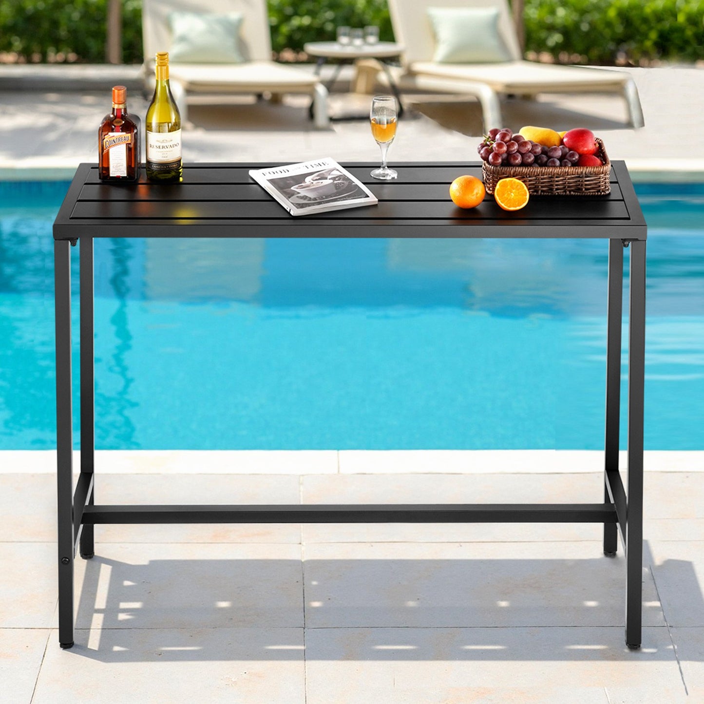 Outdoor Bar Table, 120 x 37.5 cm Patio Bar Table, Waterproof Top & Sturdy Metal Frame, Rectangle Counter Height Dining Tables, Outdoor Furniture for Balcony, Yard, Hot Tub, Poolside, Indoor