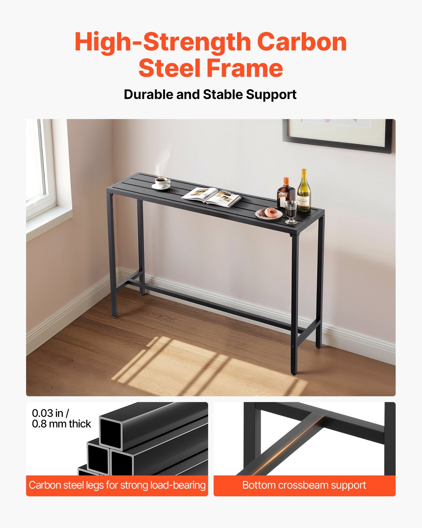 Gartentisch, 140 x 37,5 cm, wasserfeste Tischplatte und robustes Metallgestell, rechteckiger Stehtisch, Gartenmöbel für Balkon, Terrasse, Whirlpool, Poolbereich und Innenbereich