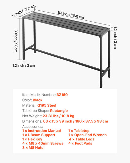 Outdoor Bar Table, 160 x 37.5 cm Patio Bar Table, Waterproof Top & Sturdy Metal Frame, Rectangle Counter Height Dining Tables, Outdoor Furniture for Balcony, Yard, Hot Tub, Poolside, Indoor
