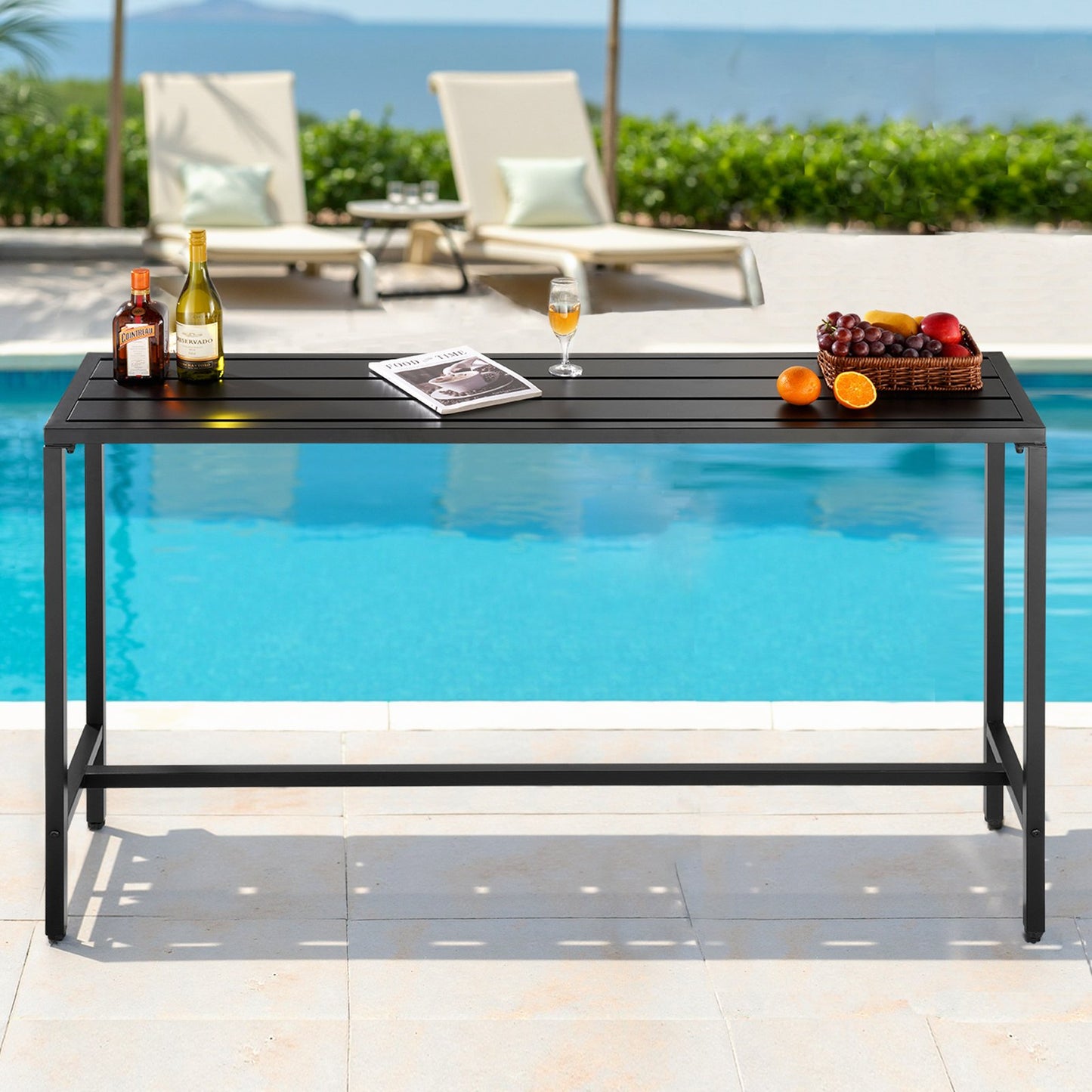 Outdoor Bar Table, 160 x 37.5 cm Patio Bar Table, Waterproof Top & Sturdy Metal Frame, Rectangle Counter Height Dining Tables, Outdoor Furniture for Balcony, Yard, Hot Tub, Poolside, Indoor