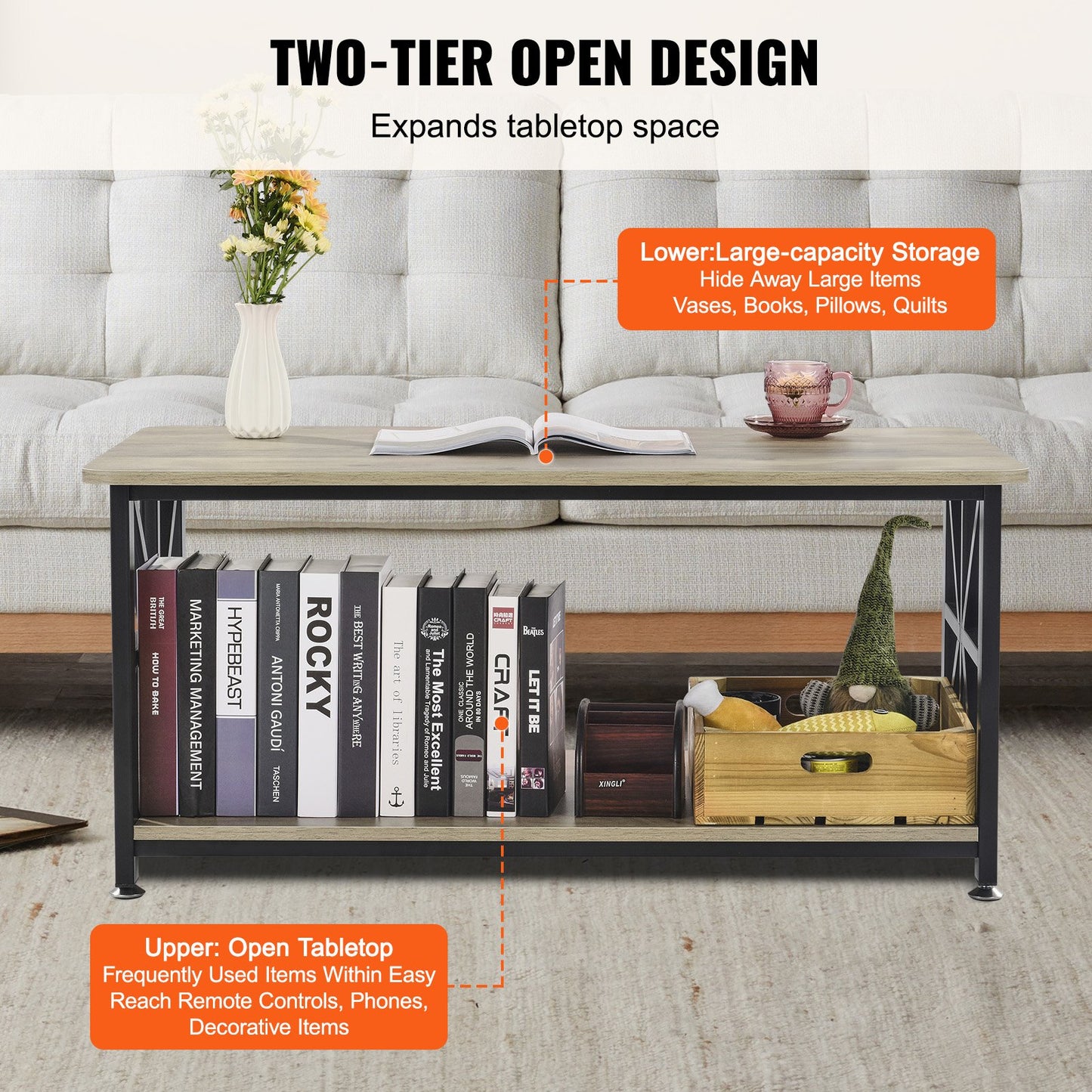 40" Farmhouse Coffee Table, Rectangle Coffee Table with Open Storage Compartment, Wooden Rustic Cocktail Table for Living Room, Bedroom, Apartment, Studio, Brown & Black