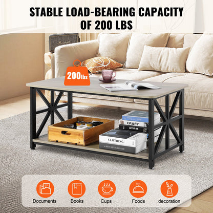 40" Farmhouse Coffee Table, Rectangle Coffee Table with Open Storage Compartment, Wooden Rustic Cocktail Table for Living Room, Bedroom, Apartment, Studio, Brown & Black