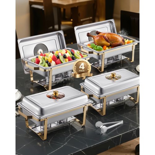 Chafing-Dish-Buffet-Set, 8 Qt, 4er-Pack, Edelstahl-Chafing-Dish mit 4 großen Behältern, rechteckiger Catering-Wärmer mit Glasdeckel, Wasserbehälter, klappbarem Ständer und Brennstoffhalter, für Hochzeiten, Partys und Bankette