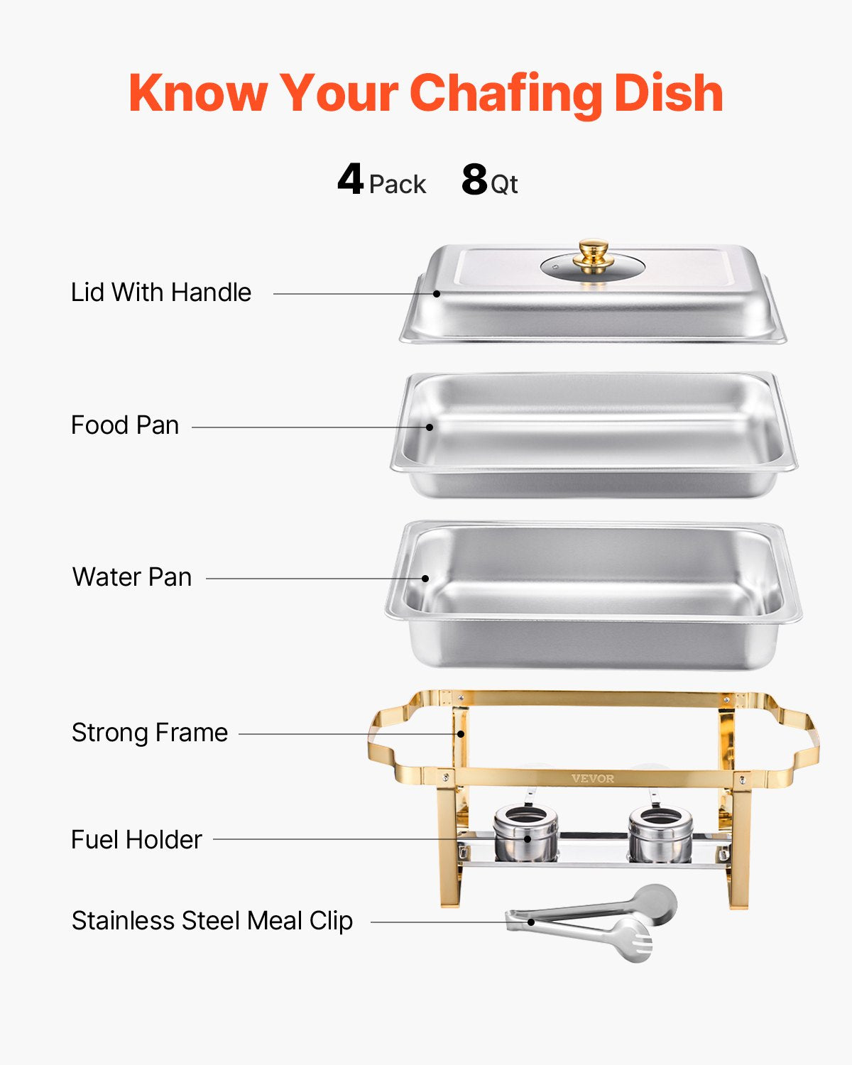Chafing Dish Buffet Set, 8 Qt 4 Pack, Stainless Steel Chafer with 4 Full Size Pans, Rectangle Catering Warmer Server with Glass Lid Water Pan Folding Stand Fuel Holder, for Wedding Party Banquet