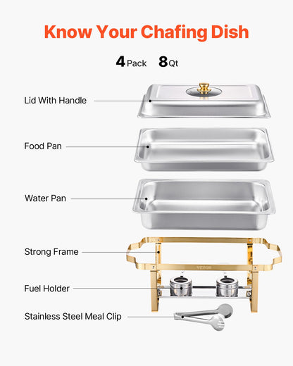 Chafing Dish Buffet Set, 8 Qt 4 Pack, Stainless Steel Chafer with 4 Full Size Pans, Rectangle Catering Warmer Server with Glass Lid Water Pan Folding Stand Fuel Holder, for Wedding Party Banquet