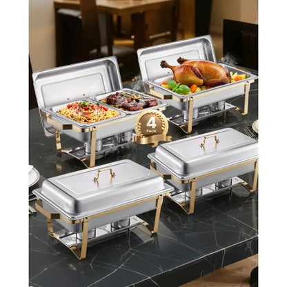 Chafing Dish Buffet Set, 8 Qt 4 Pack, Stainless Steel Chafer with 2 Full Size and 4 Half Size Pans, Rectangle Catering Warmer Server with Lid Water Pan Stand, for Weddings Parties Banquets, Gold