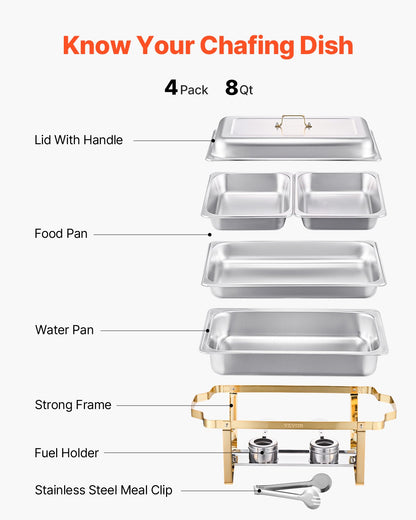 Chafing Dish Buffet Set, 8 Qt 4 Pack, Stainless Steel Chafer with 2 Full Size and 4 Half Size Pans, Rectangle Catering Warmer Server with Lid Water Pan Stand, for Weddings Parties Banquets, Gold