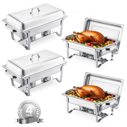Chafing Dish Buffet Set, 8 Qt 4 Pack, Stainless Steel Chafer with 4 Full Size Pans, Rectangle Catering Warmer Server with Lid Water Pan Stand Fuel Holder, for Weddings Parties Banquets, Silver