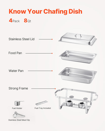 Chafing Dish Buffet Set, 8 Qt 4 Pack, Stainless Steel Chafer with 4 Full Size Pans, Rectangle Catering Warmer Server with Lid Water Pan Stand Fuel Holder, for Weddings Parties Banquets, Silver