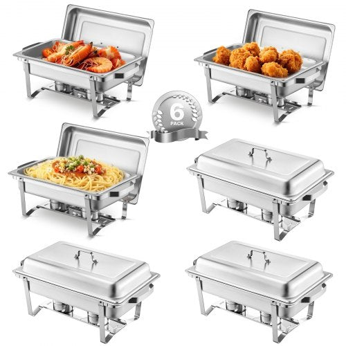 Buffet-Set mit Warmhaltebehälter, 8-Quart-Set (6 Stück), Edelstahl-Chafing-Dish mit 6 großen Behältern, rechteckiger Catering-Wärmer mit Deckel, Wasserbehälter, Ständer und Brennstoffhalter, für Hochzeiten, Partys und Bankette, silberfarben