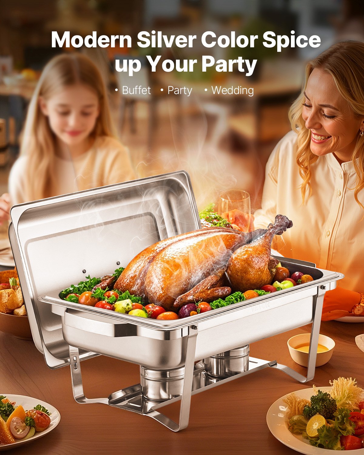 Chafing Dish Buffet Set, 8 Qt 6 Pack, Stainless Steel Chafer with 6 Full Size Pans, Rectangle Catering Warmer Server with Lid Water Pan Stand Fuel Holder, for Weddings Parties Banquets, Silver