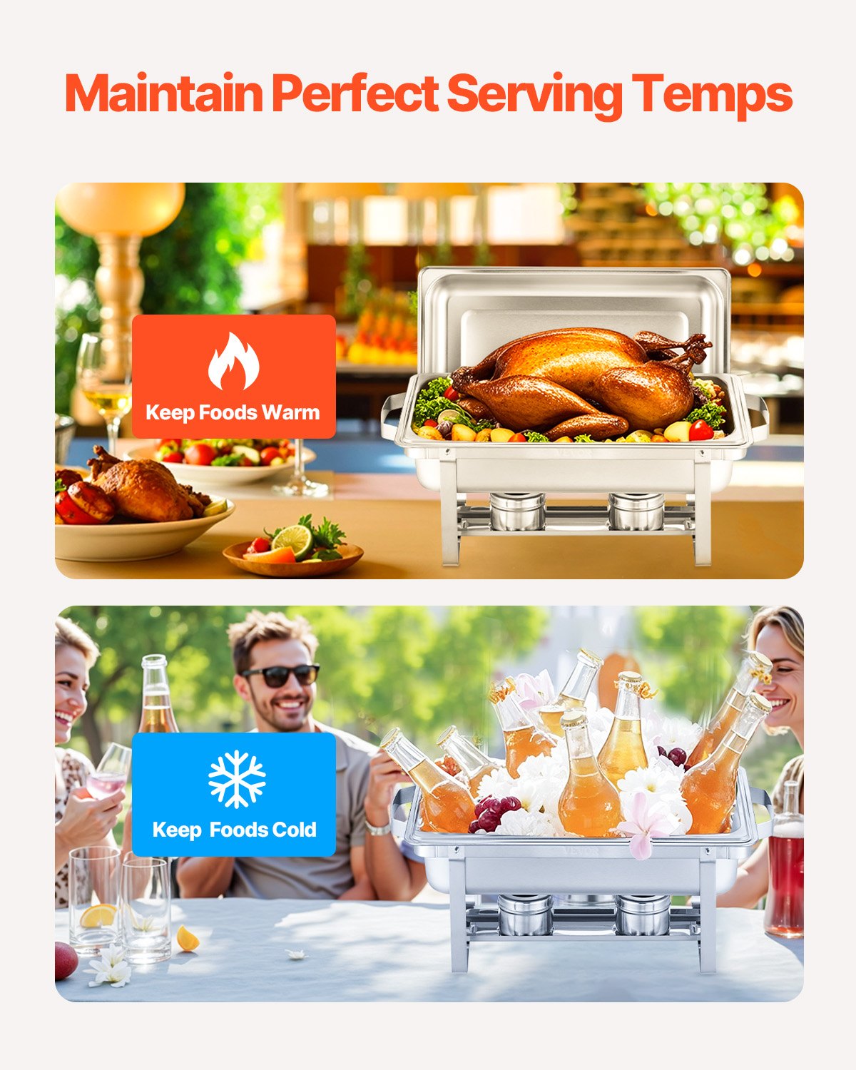 Chafing Dish Buffet Set, 8 Qt 6 Pack, Stainless Steel Chafer with 6 Full Size Pans, Rectangle Catering Warmer Server with Lid Water Pan Stand Fuel Holder, for Weddings Parties Banquets, Silver