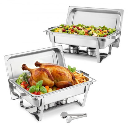 Rechteckiges Chafing Dish, 8,5 l, 2er-Pack, Edelstahl, Speisenwärmer-Set mit Hohlgriff, 1 Speisenzange, Deckel, Brennstoffbehälter, Chafing Dish für Bankette, Partys und Hochzeiten
