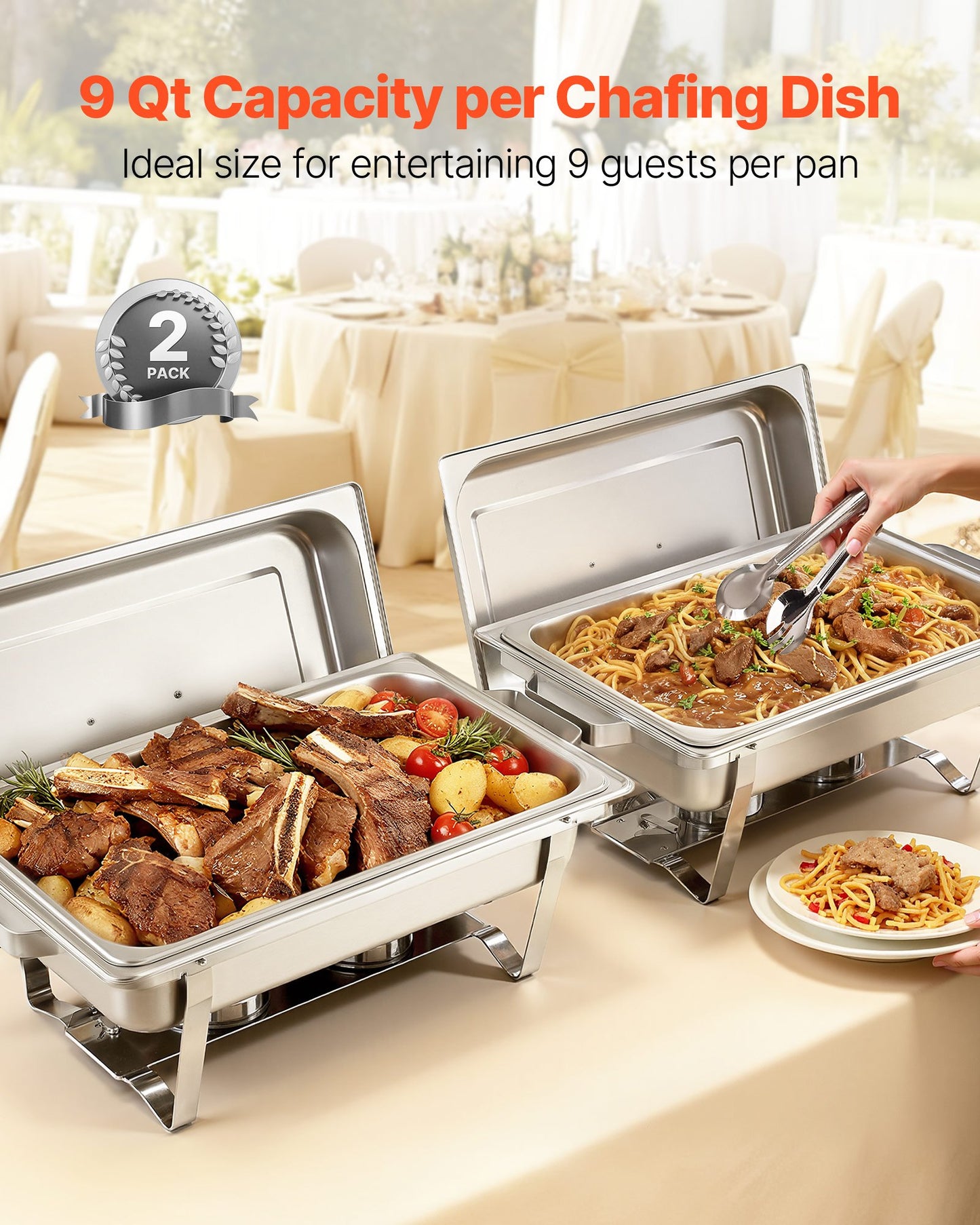Rechteckiges Chafing Dish, 8,5 l, 2er-Pack, Edelstahl, Speisenwärmer-Set mit Hohlgriff, 1 Speisenzange, Deckel, Brennstoffbehälter, Chafing Dish für Bankette, Partys und Hochzeiten
