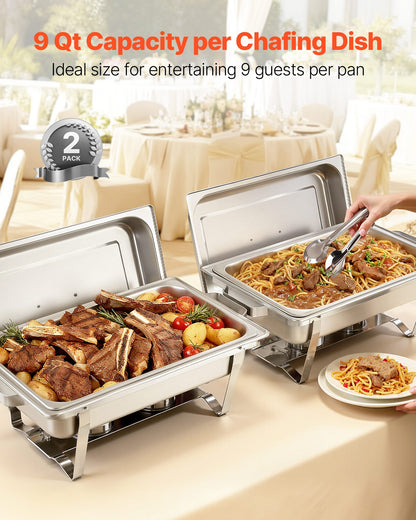 Rechteckiges Chafing Dish, 8,5 l, 2er-Pack, Edelstahl, Speisenwärmer-Set mit Hohlgriff, 1 Speisenzange, Deckel, Brennstoffbehälter, Chafing Dish für Bankette, Partys und Hochzeiten