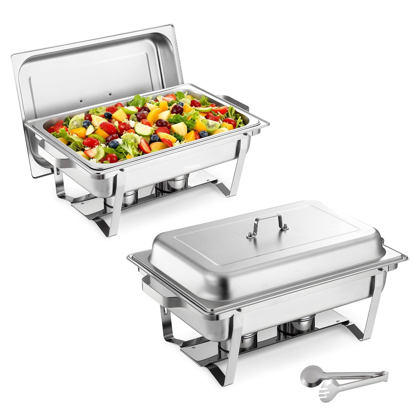 Rechteckiges Chafing Dish, 8,5 l, 2er-Pack, Edelstahl, Speisenwärmer-Set mit Hohlgriff, 1 Speisenzange, Deckel, Brennstoffbehälter, Chafing Dish für Bankette, Partys und Hochzeiten