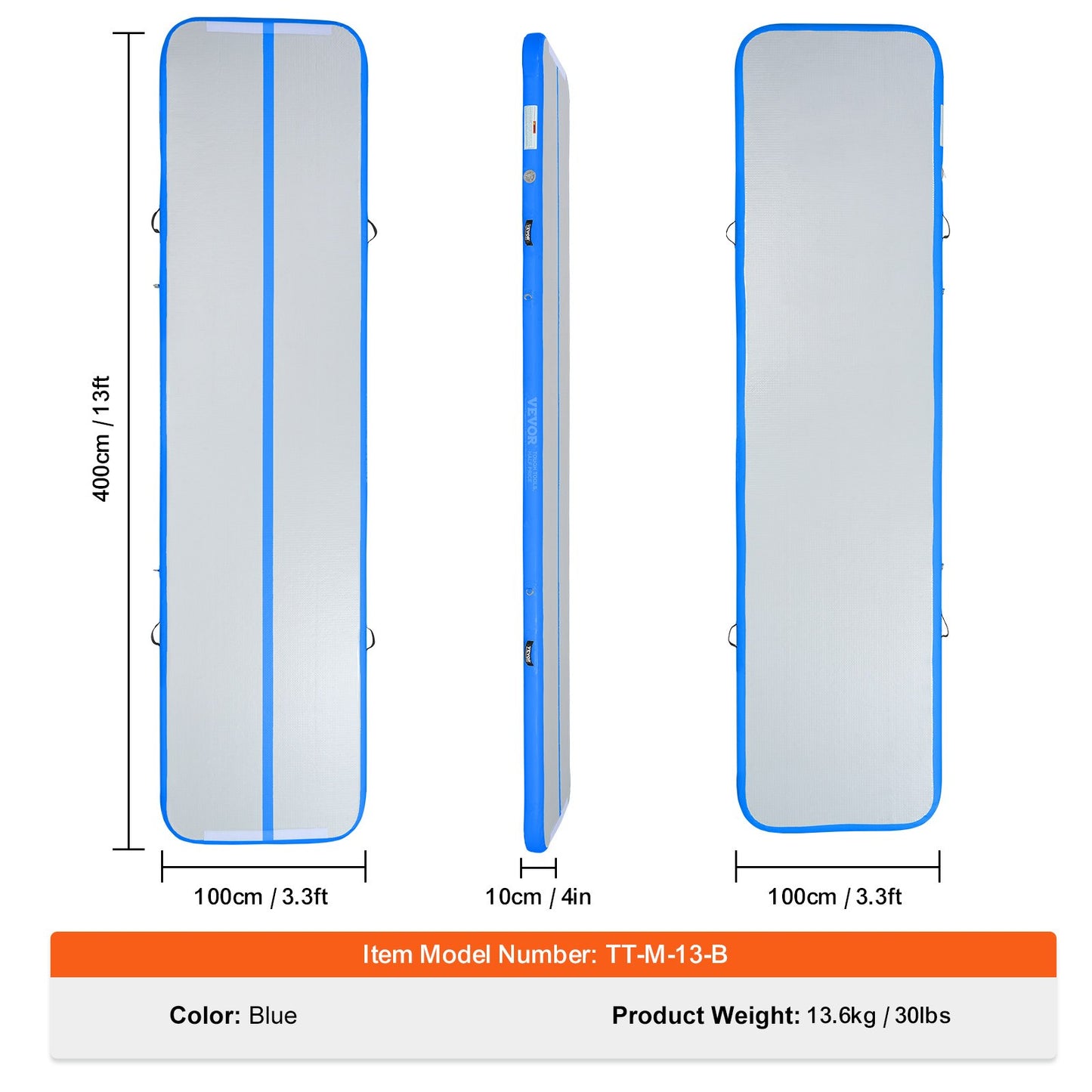 Gymnastics Air Mat, 4 inch Thickness Inflatable Gymnastics Tumbling Mat, Tumble Track with Electric Pump, Training Mats for Home Use/Gym/Yoga/Cheerleading/Beach/Park/Water, 13 ft, Blue