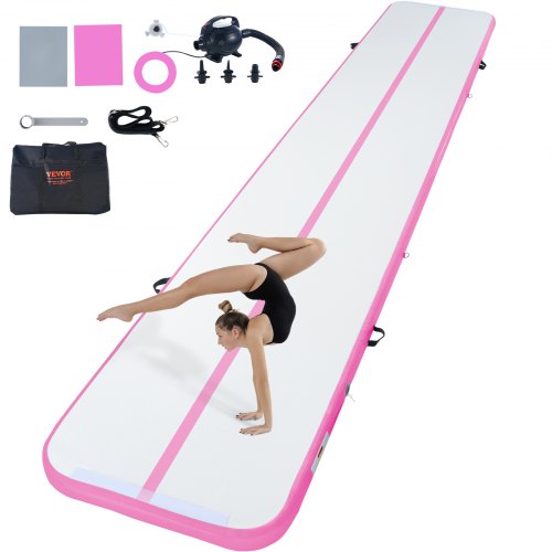 Gymnastics Air Mat, 4 inch Thickness Inflatable Gymnastics Tumbling Mat, Tumble Track with Electric Pump, Training Mats for Home Use/Gym/Yoga/Cheerleading/Beach/Park/Water, 20 ft, Pink