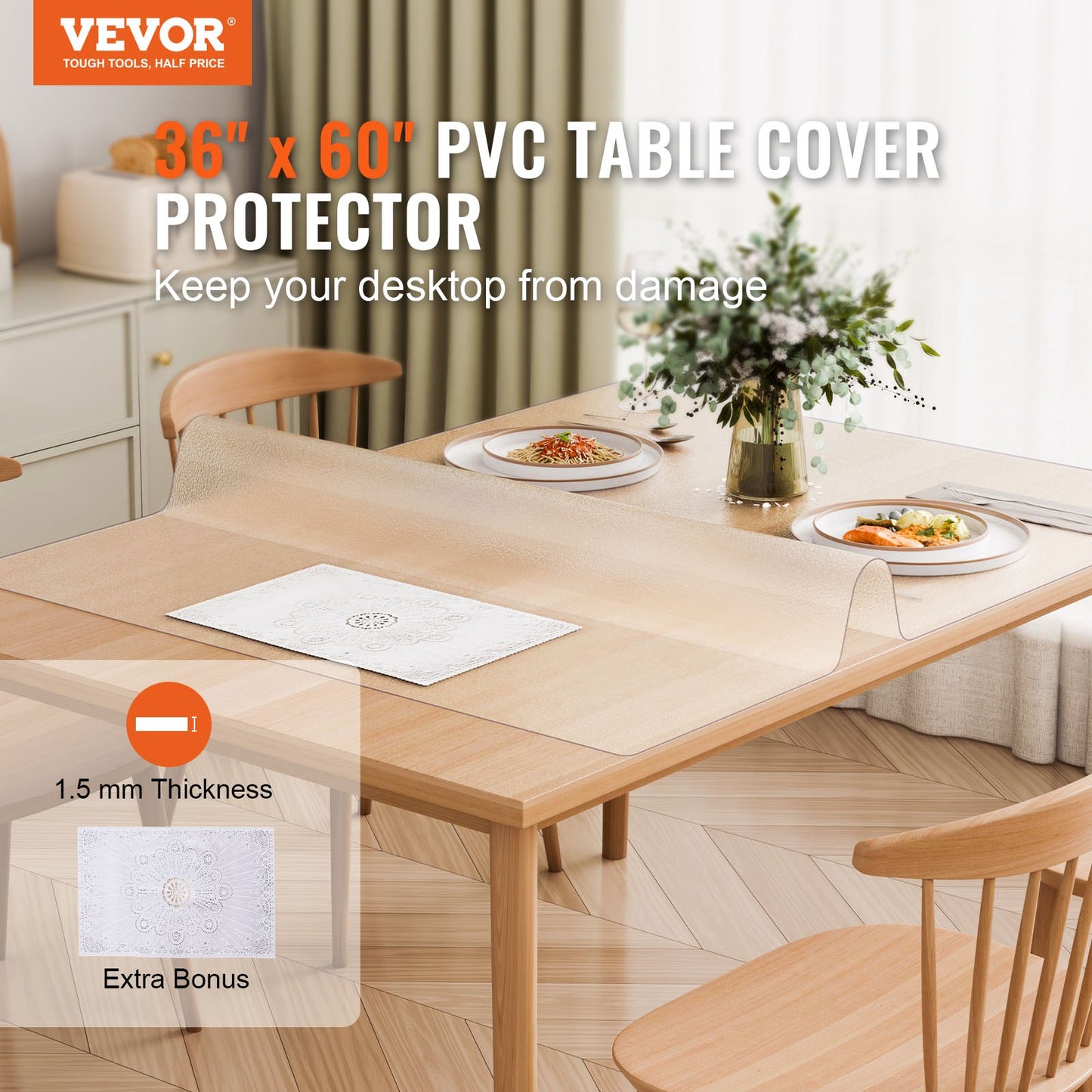 Plastic Table Cover, 36 x 60 Inch 1.5 mm Thick Frosted Table Protector, Rectangle PVC Desk Mat, Waterproof & Easy Cleaning Desk Pad Tablecloth, for Office Dresser Dining Room Table Night Stand