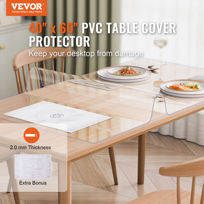 Plastic Table Cover, 40 x 60 Inch 2.0 mm Thick Clear Table Protector, Rectangle PVC Desk Mat, Waterproof & Easy Cleaning Desk Pad Tablecloth, for Office Dresser Dining Room Table Night Stand