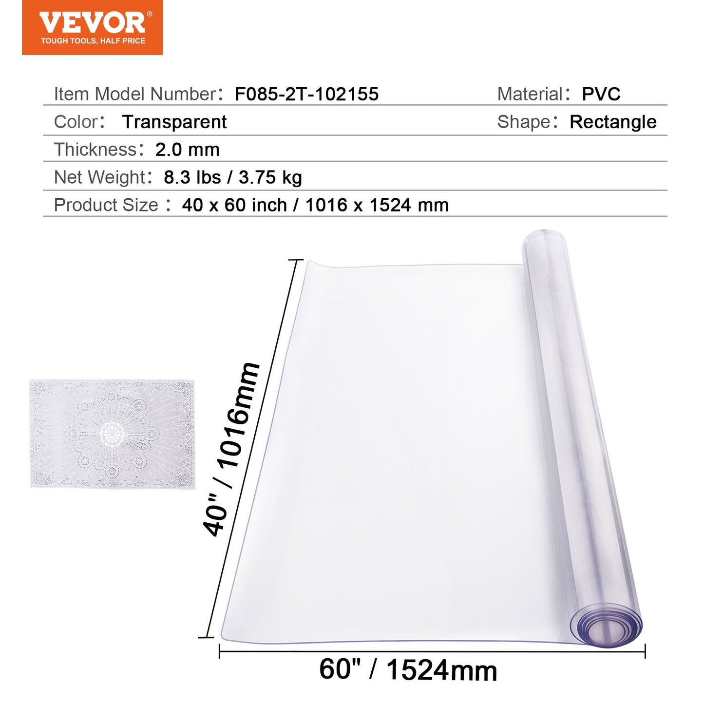 Plastic Table Cover, 40 x 60 Inch 2.0 mm Thick Clear Table Protector, Rectangle PVC Desk Mat, Waterproof & Easy Cleaning Desk Pad Tablecloth, for Office Dresser Dining Room Table Night Stand