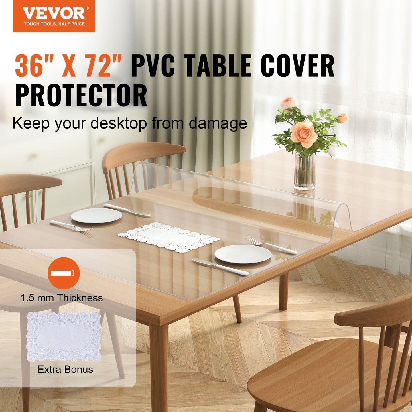 Clear Table Cover Protector, 36" x 72" Table Cover, 1.5 mm Thick PVC Plastic Tablecloth, Waterproof Desktop Protector for Writing Desk, Coffee Table, Dining Room Table