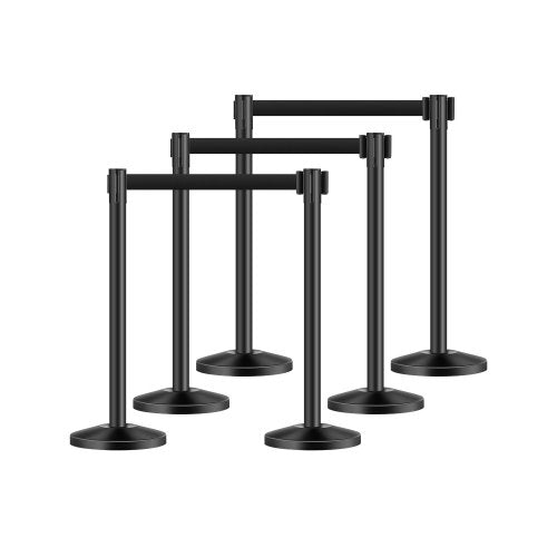 Stanchion Post, 6 Pcs Crowd Control Barrier with 6 Retractable Belts, Carbon Steel Black Stanchion Post Queue with Sand Injection Hollow Base for Theaters, Parties, Weddings, Exhibitions, Black