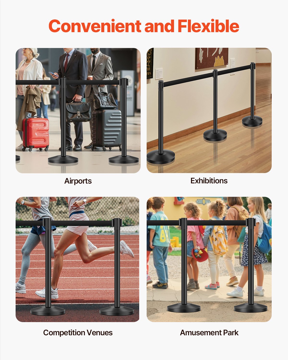 Stanchion Post, 6 Pcs Crowd Control Barrier with 6 Retractable Belts, Carbon Steel Black Stanchion Post Queue with Sand Injection Hollow Base for Theaters, Parties, Weddings, Exhibitions, Black