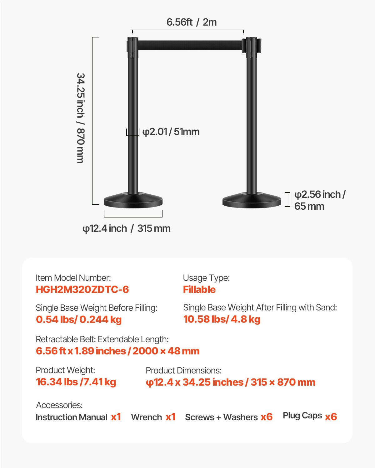 Stanchion Post, 6 Pcs Crowd Control Barrier with 6 Retractable Belts, Carbon Steel Black Stanchion Post Queue with Sand Injection Hollow Base for Theaters, Parties, Weddings, Exhibitions, Black