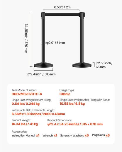 Stanchion Post, 6 Pcs Crowd Control Barrier with 6 Retractable Belts, Carbon Steel Black Stanchion Post Queue with Sand Injection Hollow Base for Theaters, Parties, Weddings, Exhibitions, Black