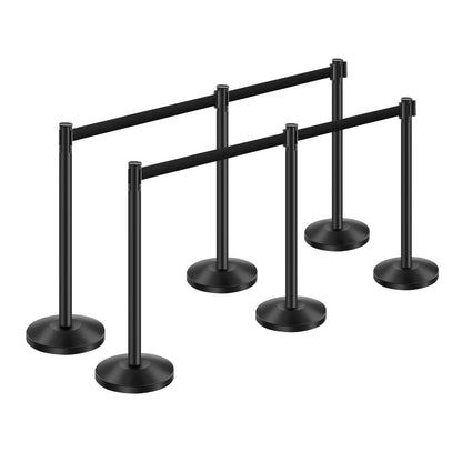 Stanchion Post, 6 Pcs Crowd Control Barrier with 6 Retractable Belts, Carbon Steel Black Stanchion Post Queue with Sand Injection Hollow Base for Theaters, Parties, Weddings, Exhibitions, Black