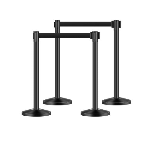 Stanchion Post, 4 Pcs Crowd Control Barrier with 4 Retractable Belts, Carbon Steel Black Stanchion Post Queue with Sand Injection Hollow Base for Theaters, Parties, Weddings, Exhibitions, Black