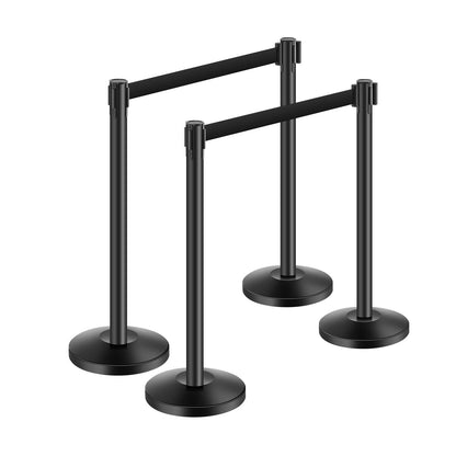 Stanchion Post, 4 Pcs Crowd Control Barrier with 4 Retractable Belts, Carbon Steel Black Stanchion Post Queue with Sand Injection Hollow Base for Theaters, Parties, Weddings, Exhibitions, Black