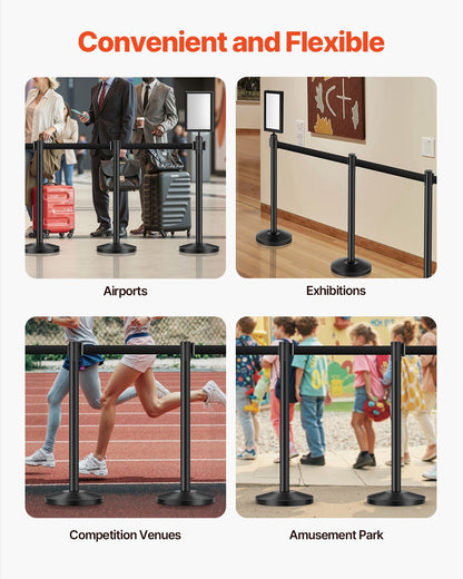 Stanchion Post, 8 Pcs Crowd Control Barrier with 8 Retractable Belts & 2 Sign Holders, Carbon Steel Stanchion Post Queue with Sand Injection Hollow Base for Theater, Party, Wedding, Exhibition
